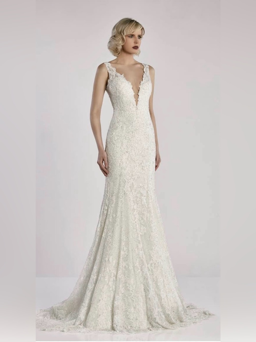 NWT Lace and Beaded Deep V-Neck Wedding Gown in Ivory